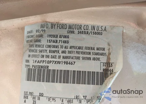 1999 Ford Escort Lx из США, поврежденный, VIN 1FAFP10P7XW198467